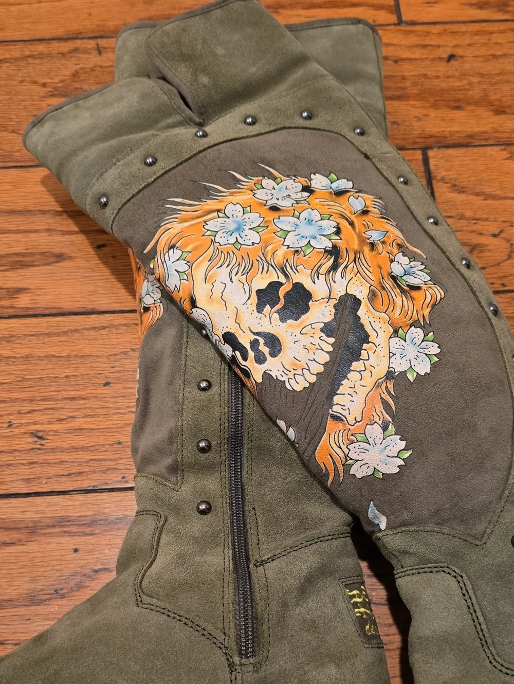Ed Hardy Olive Green Knee Boots with Orange Floral Skull
